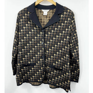 Misook Houndstooth‎ Knit Cardigan Jacket Blazer Career Wear Black Brown M